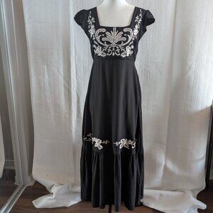 Bohemian Maxi Dress Black with White Embroidery Ruffle Hem Small cottagecore